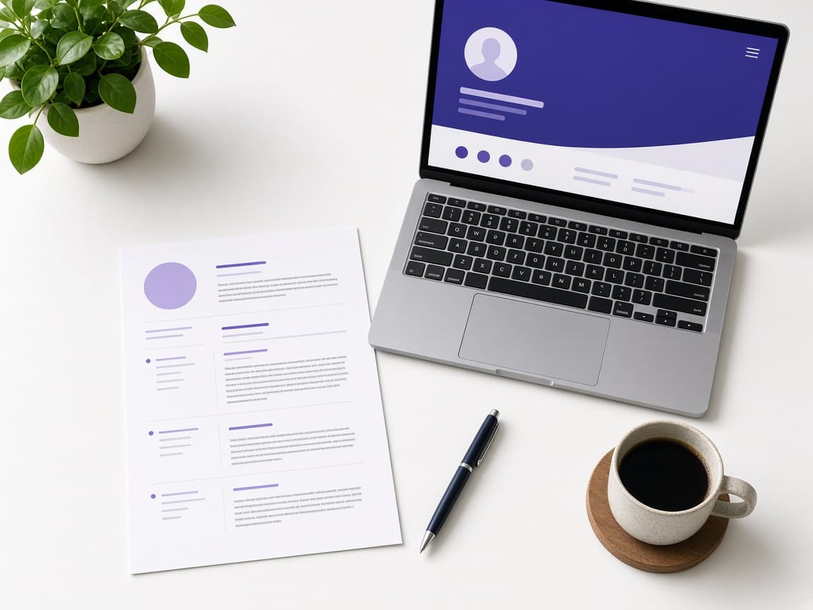 A professionally designed resume next to a laptop showing a portfolio website